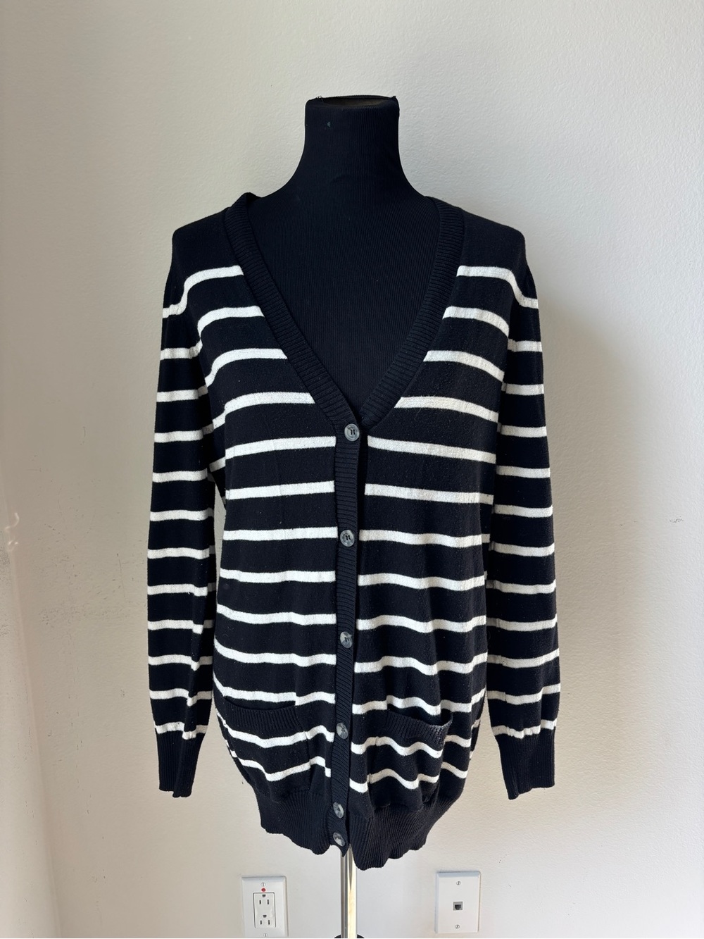 Faded Glory Black and White Striped V-Neck Button Cardigan
